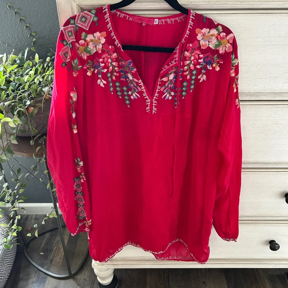 Johnny Was Silk Embroidered Blouse Red XL - Picture 1 of 4